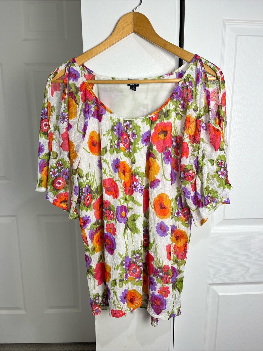 Multi-color Floral Rafaella Scoop Neck Cold-Shoulder Lined Blouse Summer SZ L